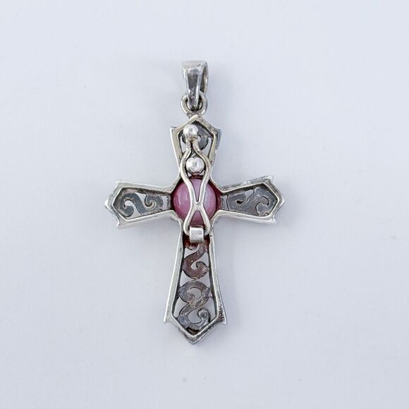 Vintage Sterling Silver 925 Pink Glass Ornate Cross Pendant - Picture 4 of 7